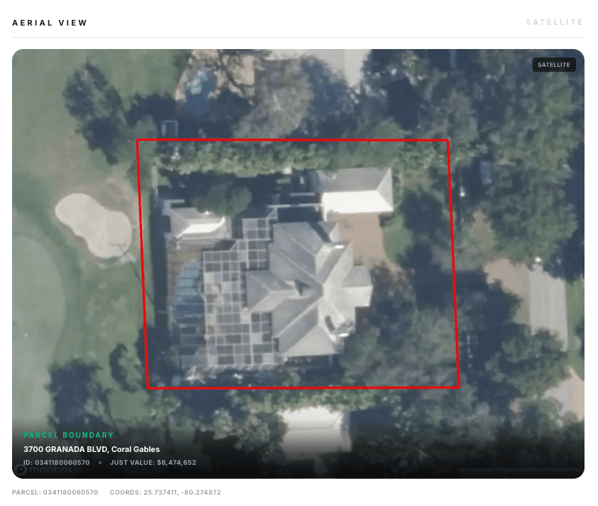 Aerial satellite view with parcel boundary overlay