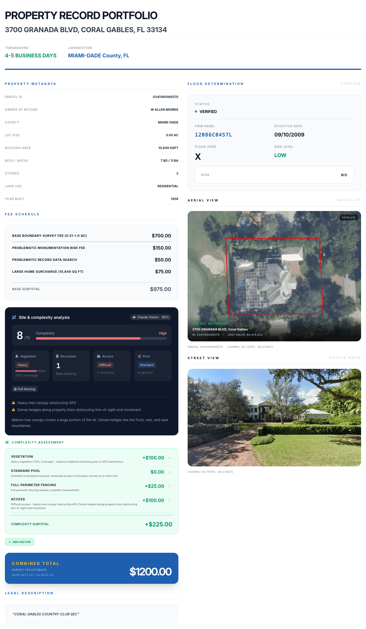 The complete property quote: facts, flood, imagery, complexity, and total in one report
