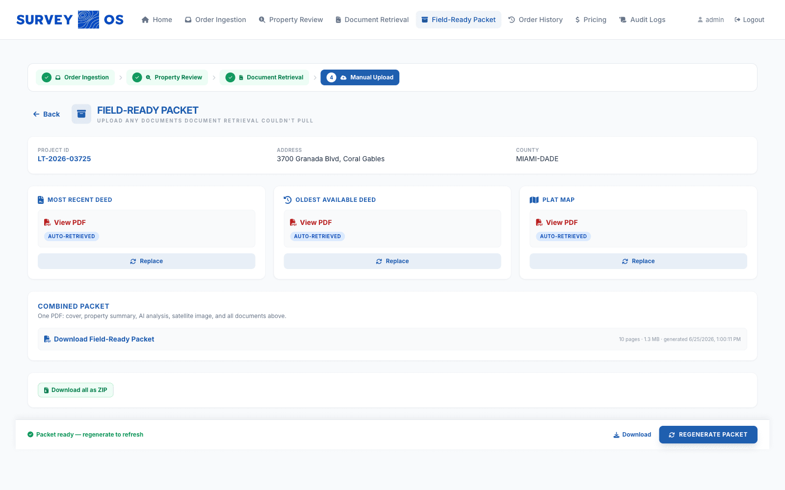 Field-Ready Packet builder: auto-retrieved deed and plat documents ready to combine