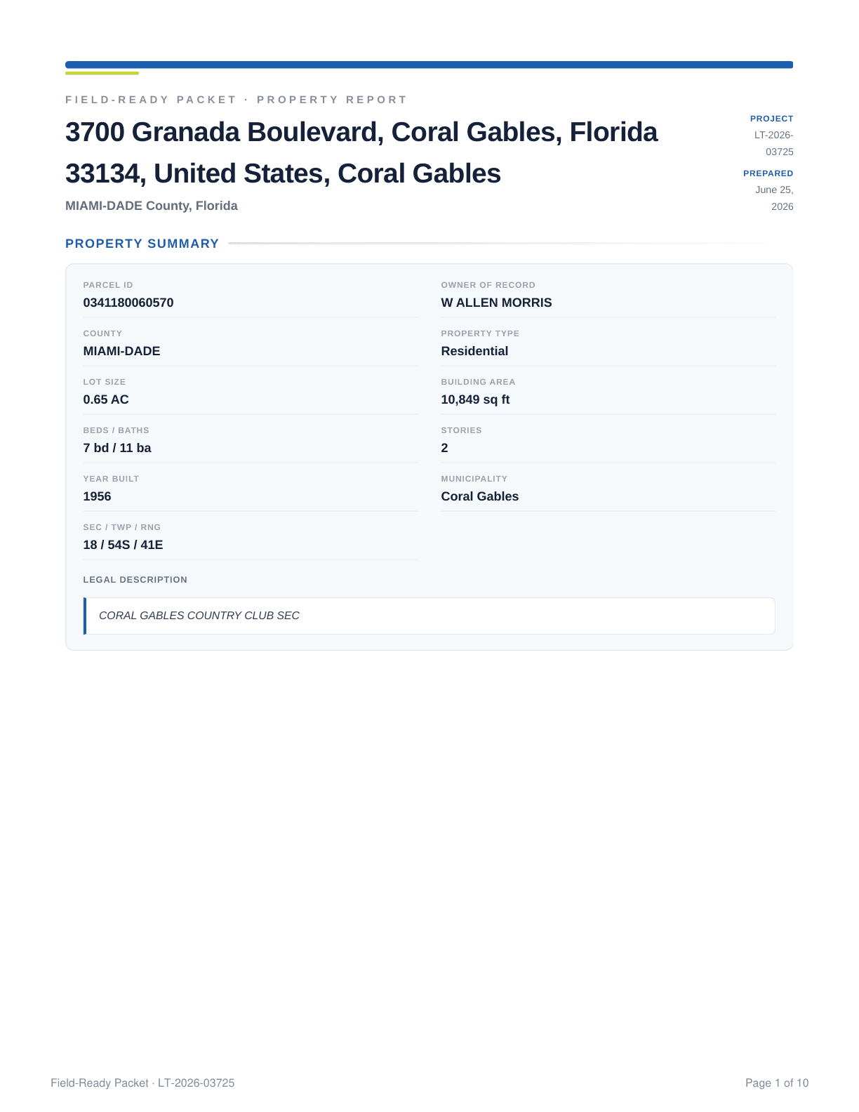 Generated packet: property report cover and summary page