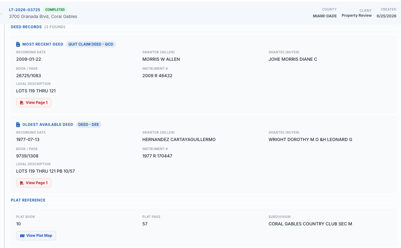 Identified deed records and plat reference, with the exact pages ready to view