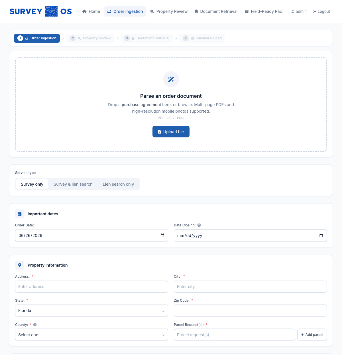 SurveyOS order intake: AI order parser, important dates, and property information